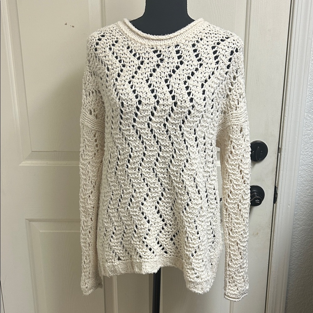 Anthropologie Akemi + Kit Ivory Loose Open Knit Sweater Cotton Women’s Sz Small